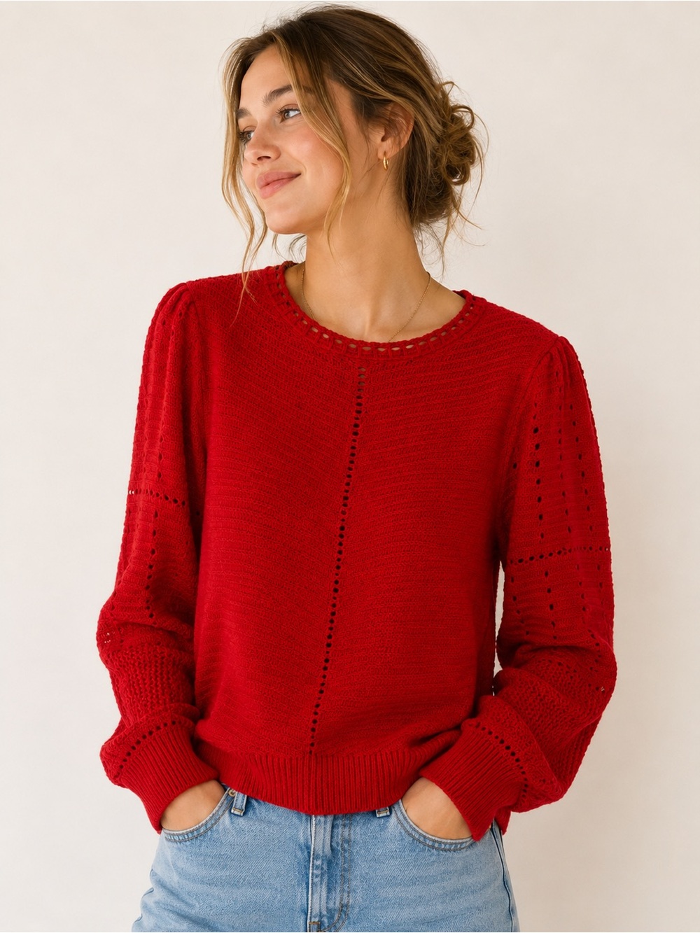 Knox Rose Red Open Knit Cotton Blend Sweater Large Boho Cottagecore